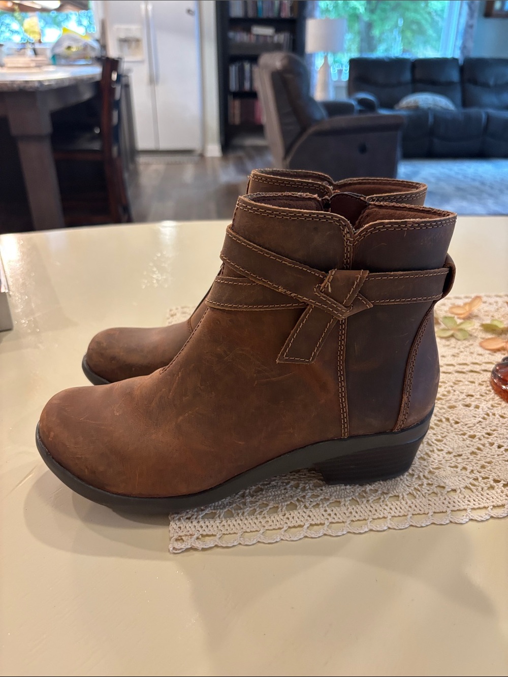 Clarks Brown Leather Ankle Boots with Wrap Strap Accent